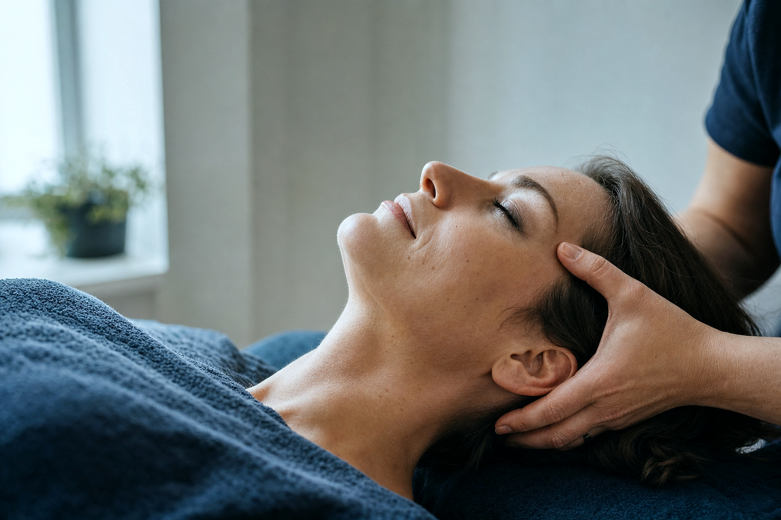 Redundancy Rights & Disputes — PROFILE PORTRAIT of a person mid-treatment, eyes closed, soft side light